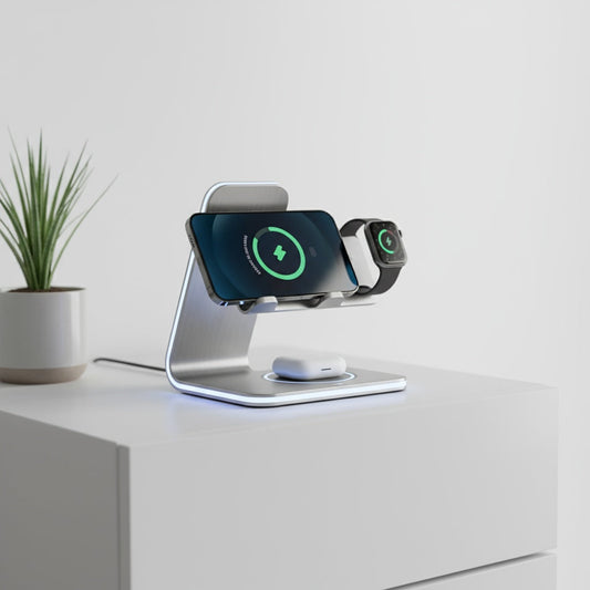 3-in-1 wireless charger charging iPhone, Apple Watch, and AirPods simultaneously on nightstand