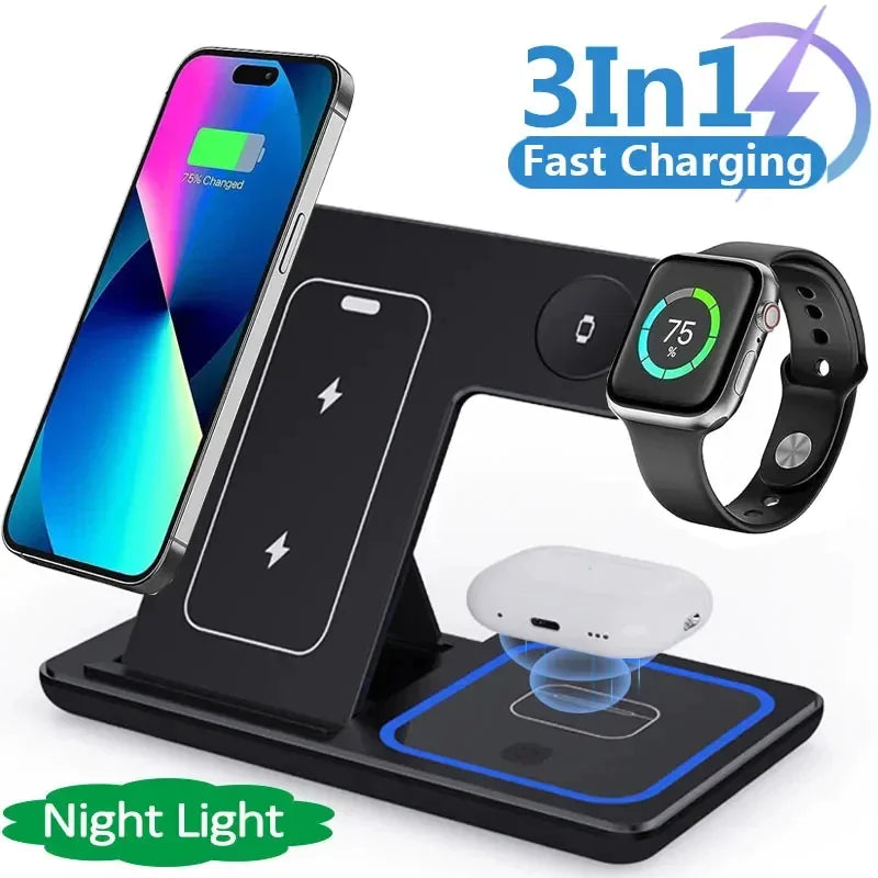  3 In 1 LED Fast Wireless Charger Stand - foldable charging station