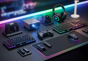 Smart home gadgets and innovative electronics displayed on modern
desk