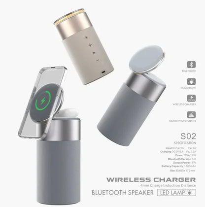 Charge Sync 3-in-1 Wireless Charging Station - iPhone AirPods Charger with Bluetooth Speaker & Touch Lamp - Multi-Function Desktop Charging Dock